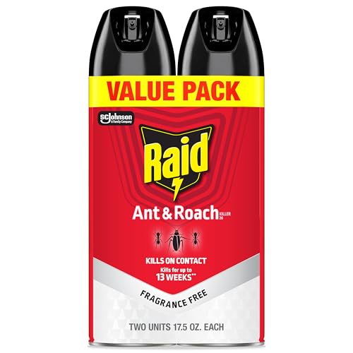Raid Ant & Roach Killer Bug Spray, Fragrance Free, 17.5 oz, 2 Count | Kills Ants & Roaches on Contact, Keeps Killing For Up to 13 Weeks, For Home Use, No Lingering Chemical Odor