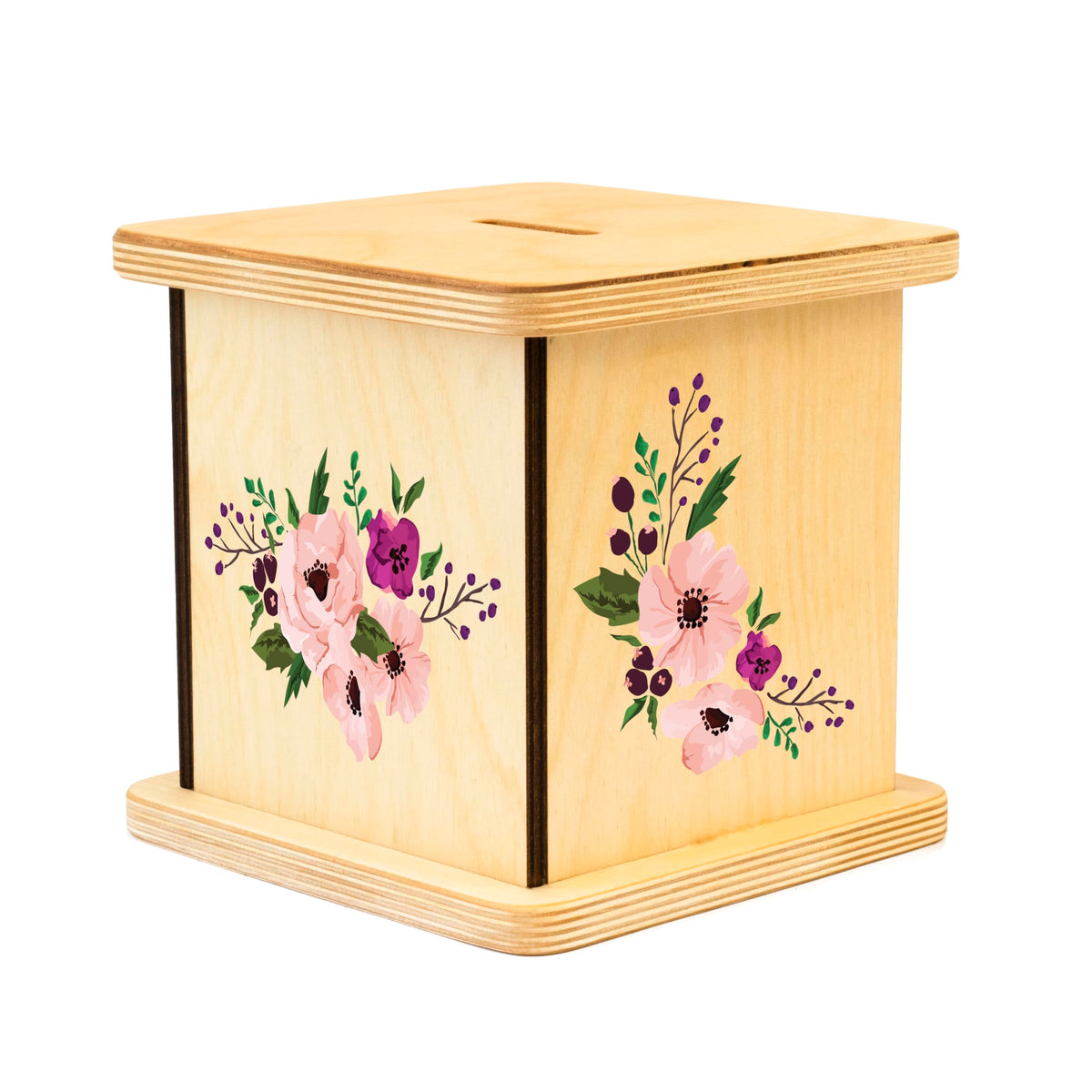 Wooden Piggy Bank for Kids and Adults, Personalized Gift Handmade in USA by BloomOwl, Custom Piggy Bank, Personalized Banks for Kids, Gifts for Baby Boys and Girls (Plum Floral)