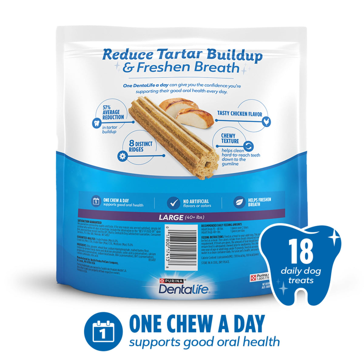 Dentalife Purina Daily Dental Chews for Large Dogs, 18 ct Pouch | Chewy, ridged texture in a tasty chicken flavor, helps reduce tartar buildup and help freshen breath