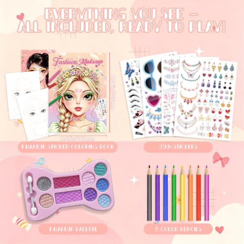 Elfew Makeup Sticker Coloring Books for Kids, Dress UP Toy for Girls 5-8 | 200+ Stickers with 8 Colored Pencils & Makeup Palette, Creative Activity Toy for Home Travel Party Gift