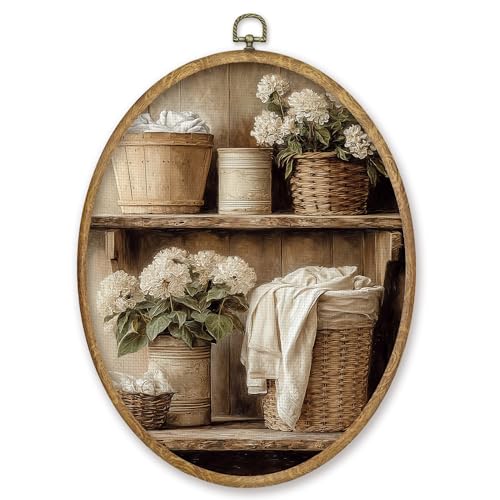 CGBHW Vintage Laundry Room Oval Wall Art Decor, Farmhouse Hydrangea Floral Canvas Prints Framed, Rustic Bathroom Wall Art Hanging Decor for Home Kitchen Bathroom Washroom Laundry Room, 8.6x11.4 Inch