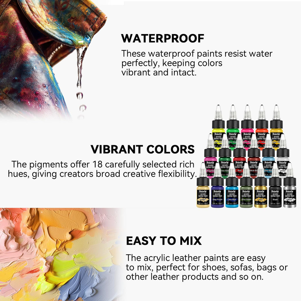 Roizefar Acrylic Leather Paint, 18 Colors with Deglazer & Finisher | All-in-One Kit, Flexible & Waterproof Leather Dye for Shoes, Bags, Jackets, Sneakers, Car Seats, Sofa, 0.34 fl oz Each
