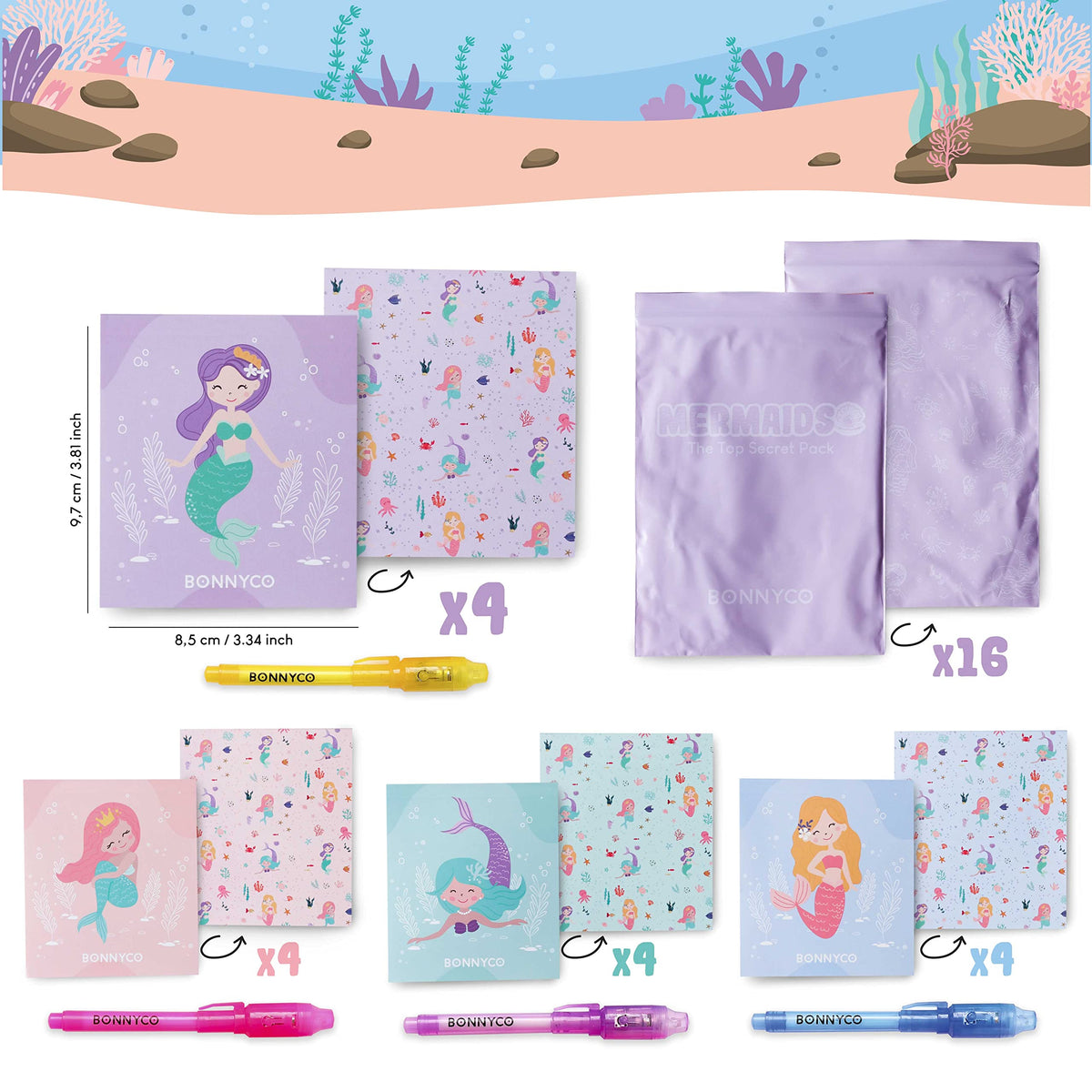 BONNYCO Invisible Ink Pen and Notebook Pack of 16 Party Favors for Kids | Mermaid Goodie Bags Stuffers for Kids. Birthday Party Supplies with Magic Spy Pen, Goody Bag Stuffers, Return Gifts, Prizes