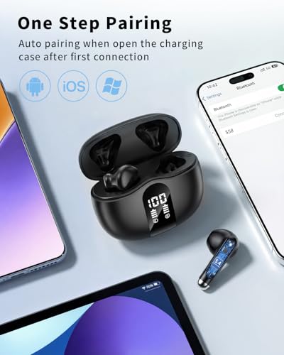 XIAOWTEK Wireless Earbuds, 2026 Bluetooth 5.4 Headphones Bass Stereo Ear Buds with Noise Cancelling Mic, LED Display in Ear Earphones 50H Playtime Ear Buds, IP7 Waterproof for Laptop Pad Phones Black