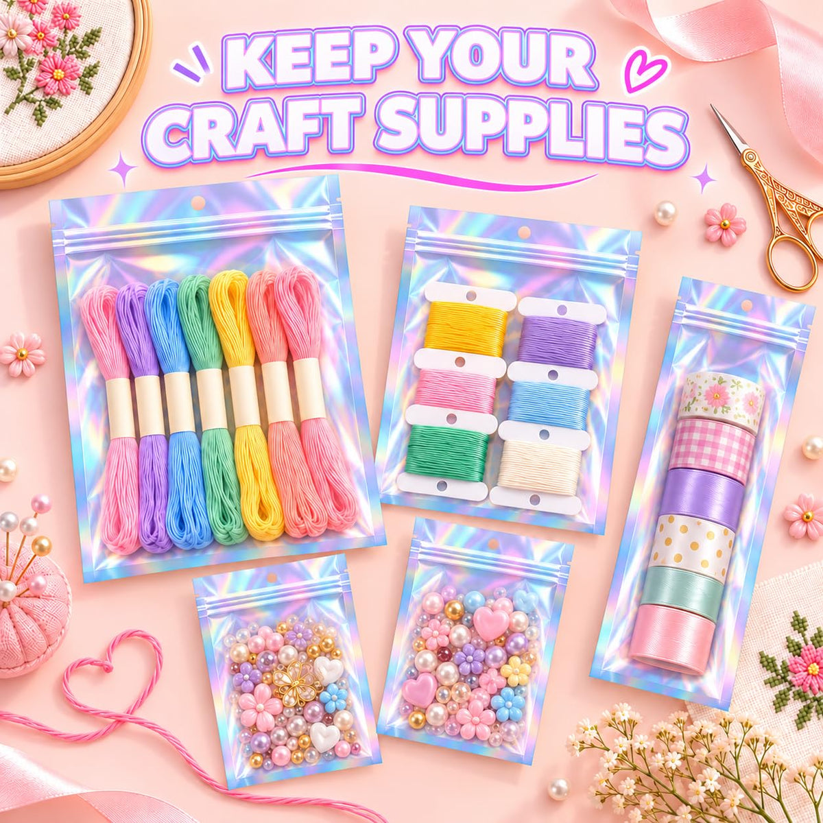 JETMORE Holographic Bags 50 PCS Mylar Bags 6x9" Resealable Embroidery Bags | Smell proof bag for goodie party favor jewelry freshie supplies candy cross stitch floss beads packaging sealable bags