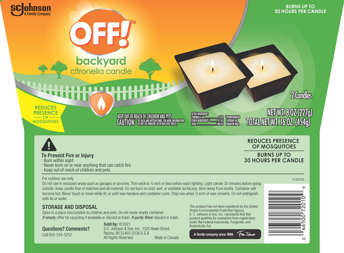 OFF! Backyard Citronella Outdoor Candle, 8 oz (2-Pack) | Reduces the Presence of Mosquitoes and Insects, Up to 30 Hour Burn Time Per Candle, Patio and Backyard Use, Ambient Glow