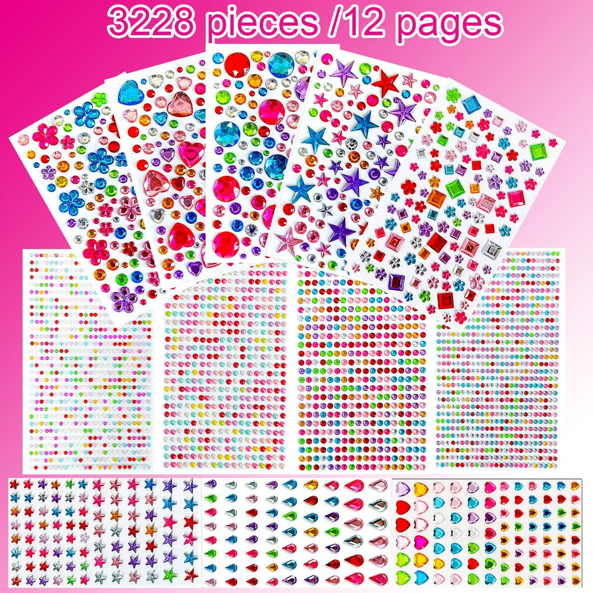 EODIEBN 3228pcs Gems Stickers, Self Adhesive Rhinestone Jewel Gems | Acrylic Gems DIY Craft Decorative Diamond Stickers, Assorted Shapes Jewels Rhinestones Sticker, Gem Sticker Crafts Set