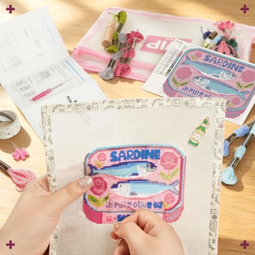 Kaitiaki 18 mesh Needlepoint Canvas Kit, 8 in Painted Canvas Set with Embroidery Floss, Needles, Guide Card, Instruction, Threader, Scissors & Project Bag for Crafter Gift(Sardine)