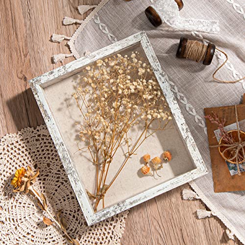 Califortree 8x10 Shadow Box Frame with Linen Back - Real Glass, Push Pins Included, Sturdy Rustic Memory Display Case, Fits 6.8x8.8 Inserts, Distressed White