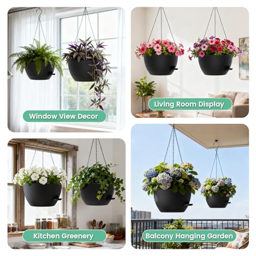 UOUZ 13 Inch 2 Pack Large Self Watering Hanging Planters for Indoor Outdoor Plants, Hanging Plant Pots with Removable 50 Oz Reservoir, Plastic Hanging Basket for Window Porch Garden Balcony, Black