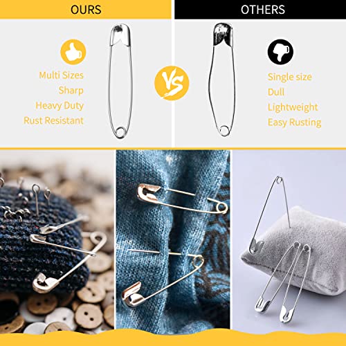 XKDOUS 150 Pack Safety Pins for Clothes 3 Universal Assorted Sizes, Silver | Small & Large Safety Pin, Strong Heavy Duty Sharp Edge Pins Bulk, Fasteners for Clothing, Sewing, Crafting