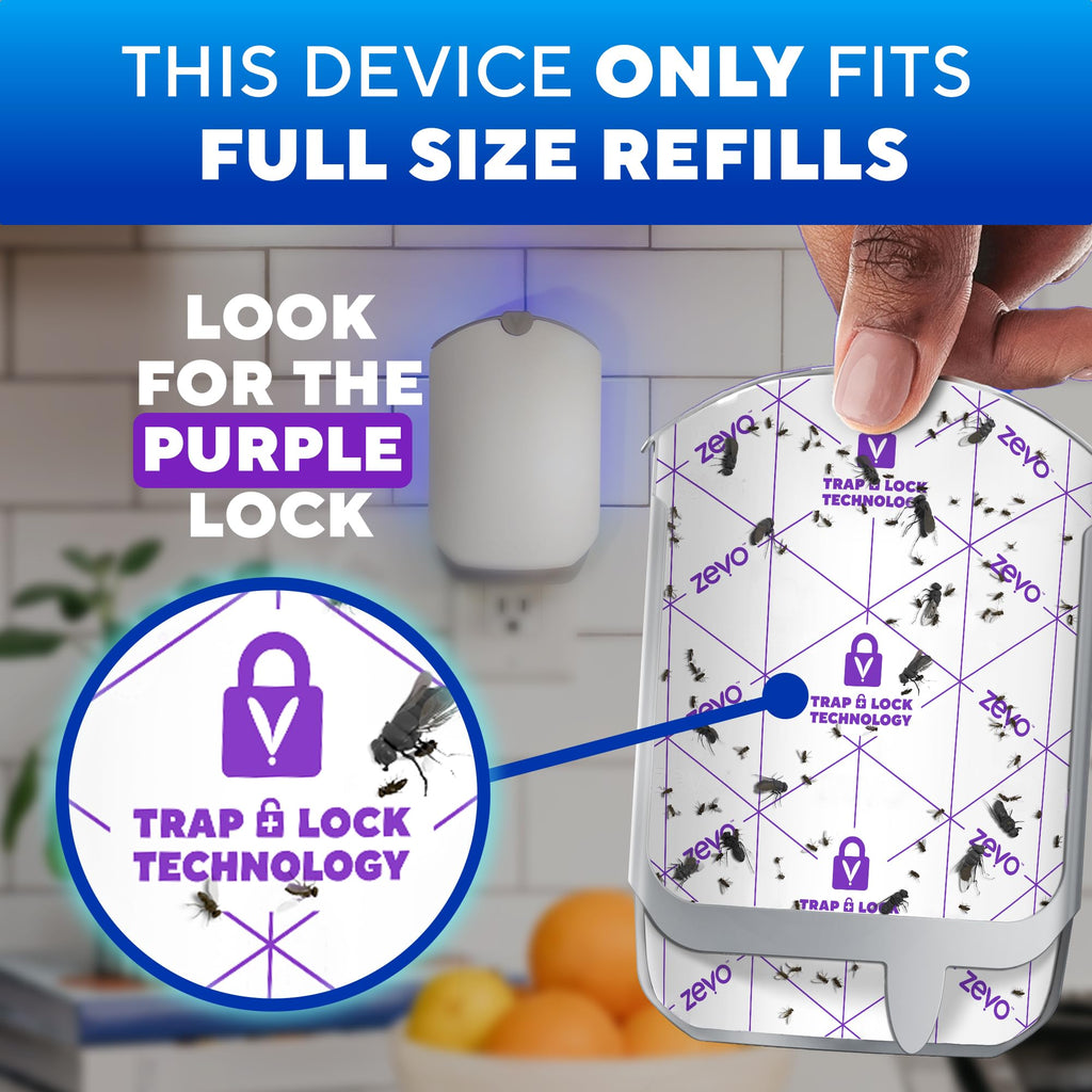 Zevo Flying Insect Trap for Fruit Flies & Gnats, 1 Plug-in Base & 3 Refills | Catches Fruit Flies & Gnats Near Fruit Bowls & Trash Bins, Spray-Free, Odor-Free, Blue & UV Light Trap, Safe for Kids & Pets*