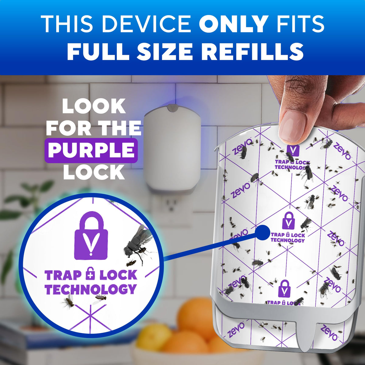 Zevo Flying Insect Trap for Fruit Flies & Gnats, 1 Plug-in Base & 3 Refills | Catches Fruit Flies & Gnats Near Fruit Bowls & Trash Bins, Spray-Free, Odor-Free, Blue & UV Light Trap, Safe for Kids & Pets*