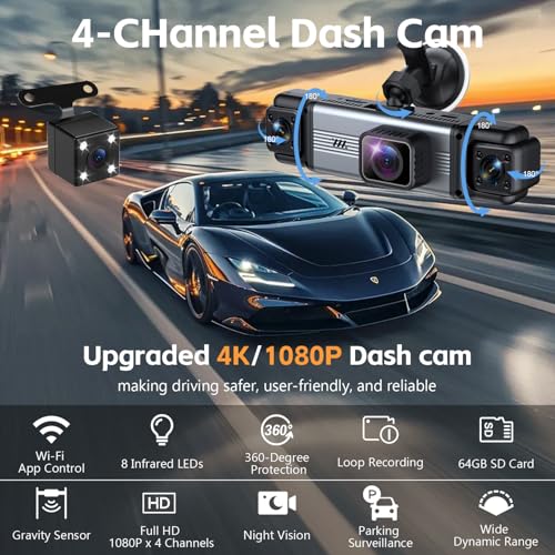 4 Channel 360° Dash Cam Front and Rear Inside, 64GB Card Included | 4K+1080P*3 FHD Car Camera, 5GHz WiFi/App Control 8 IR Lamps Night Vision 24H Parking Mode G-Sensor Loop Recording (Gunmetal)