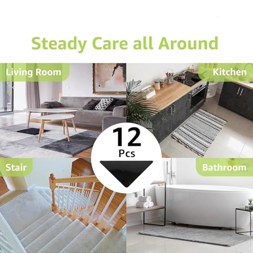 Rabenda Rug Tape Gripper for Hardwood Floors No Damage, 12 Pcs Carpet Tape | Double Sided Rug Stickers for Wood Floor, Non Slip Rug Pads for Area Rugs, Reusable, Keeps Corners Flat, Washable, Black