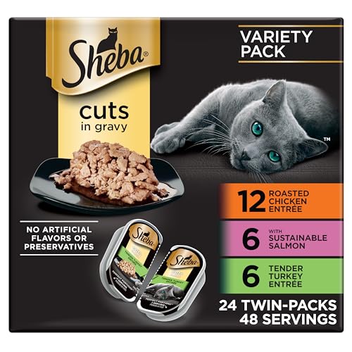 Sheba Perfect Portions Cuts Wet Cat Food, Multipack, 2.6 oz, 24 ct | Chicken, Salmon & Turkey cuts in gravy, grain-free, protein-rich, no corn/soy, essential vitamins & minerals, twin-pack trays