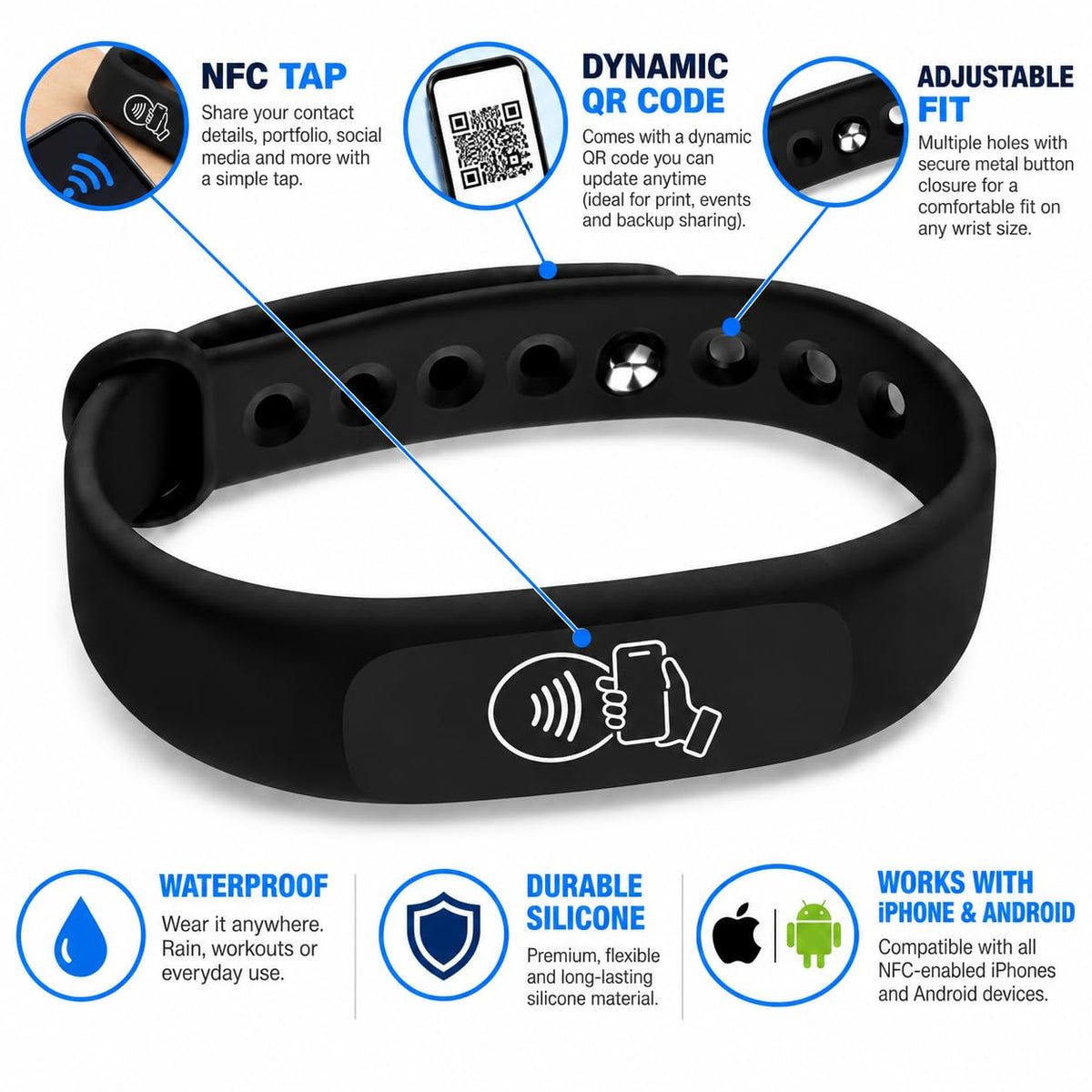 NFC Smart Business Card Wristband, Adjustable (Black) | QR Code, Waterproof Silicone, Tap to Share Contact Info, Works with iPhone and Android