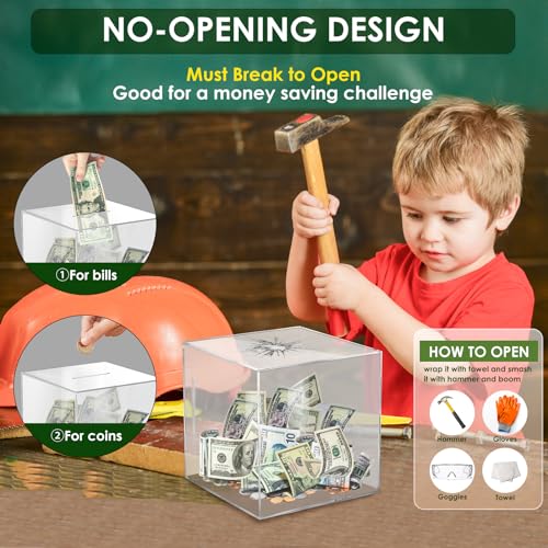 Piggy Bank for Adults Must Break to Open Acrylic Clear Piggy Bank Coin Bank | Vcertcpl Money Saving Box for Cash Saving, Unopenable Adults Bank for Real Money Bank Change Jar (Clear, 12x12CM)