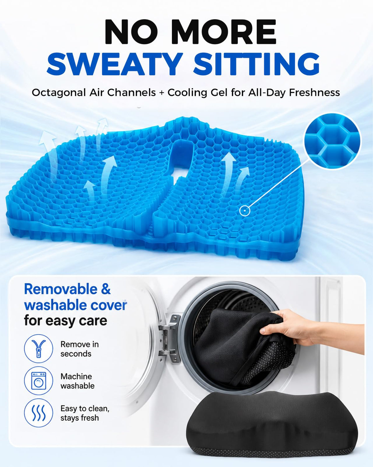 Zacro 3.5in Thick Gel Seat Cushion, Honeycomb Pad for Office Chair, Car | Cooling Gel Seat Cushion for Long Sitting, Ergonomic Hollow Center, Machine-Washable Cover, 16.5x14.6in