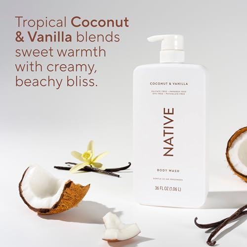 Native Clean Body Wash, Gentle & pH-balanced for Sensitive Skin, 24-Hr Freshness for Women & Men, Vegan & Cruelty-Free, Free of Sulfates, Parabens & Phthalates, Coconut & Vanilla, 36 oz