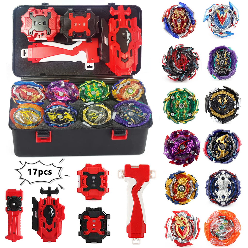 Elfnico Spinning Top Set with Storage Case 12 Pcs for Battling Game Gift | 4 Launchers, 1 Ergonomic Grip, Durable ABS and Metal Materials, Foam Padded Interior, Develops Strategy and Problem Solving
