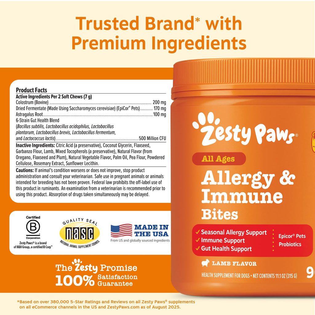 Zesty Paws Dog Allergy Chews - Dog Allergy Relief, Lamb, 90 Ct | Itch Relief for Dogs Soft Chews with Probiotics for Itchy Skin, Ears and Paws