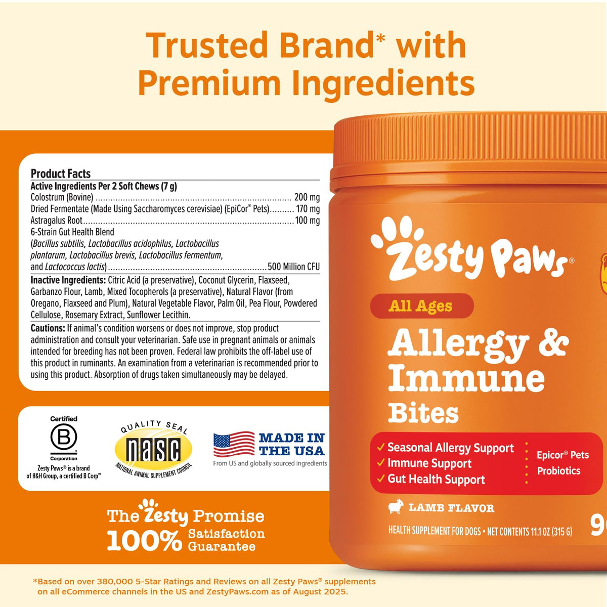 Zesty Paws Dog Allergy Chews - Dog Allergy Relief, Lamb, 90 Ct | Itch Relief for Dogs Soft Chews with Probiotics for Itchy Skin, Ears and Paws