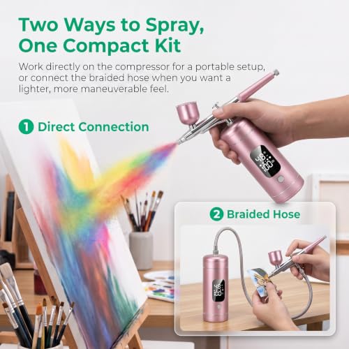 Cordless Airbrush Kit with Compressor, 48 PSI High Pressure, 3-Speed | 950mAh Rechargeable, 0.2/0.5mm Nozzles & 3 Cups, Non-Clogging, for Cake, Models, Makeup, Painting, Nail Art