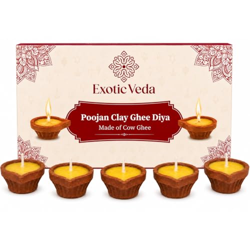 Handcrafted Poojan Clay Ghee Diya Set of 15 - Eco-Friendly Homemade Diya with Premium Cow Ghee Wick for Spiritual Rituals, and Religious Ceremonies, Meditation.