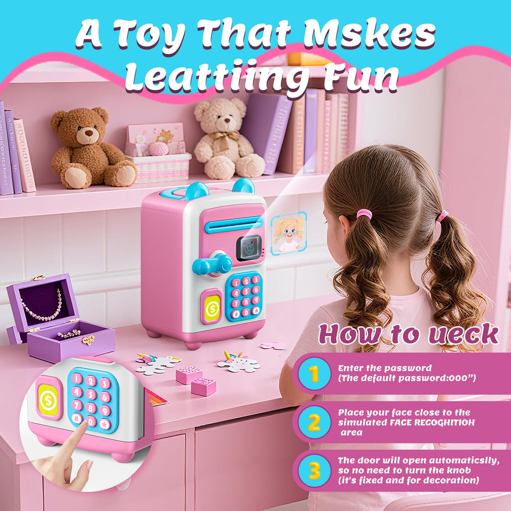 【Upgraded】 Piggy Bank, Face ID Password Unlocking Electronic Kids Bank ATM Security Unlocking Cash Coin Bank Toys Gifts for Kids, Coin Bank for 3 4 5 6 7 8 9 10 11 12 Year Old Girls Boys