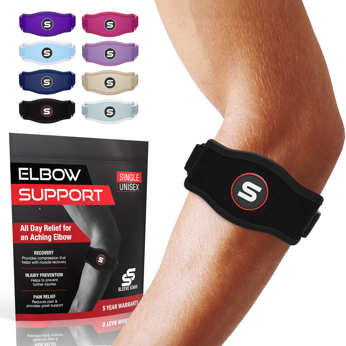 Sleeve Stars Tennis Elbow Brace for Men & Women, Fits 9"-23" (Single/Black) | Adjustable Counterforce Brace, Tennis Elbow Strap for Tendonitis Relief, Golfers Elbow Strap, Forearm Brace, Elbow Wrap
