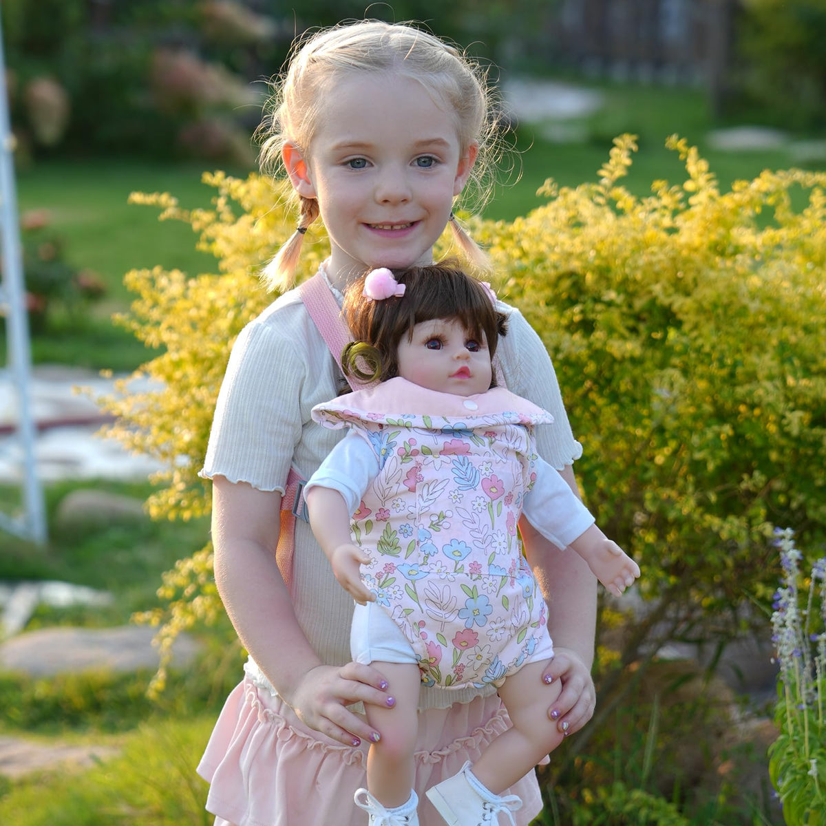 GAGAKU Baby Doll Carrier for Kids, Doll Carrier for Little Girls, Toy Baby Dolls Sling for Kid, Reborn Baby Doll Accessories, Colorful Flowers