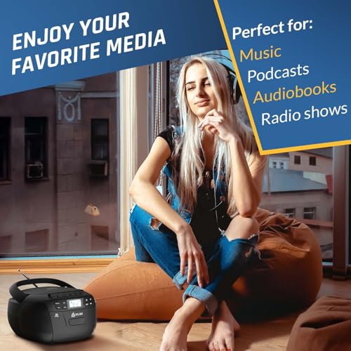CD Cassette Player with Case, Bluetooth Boombox, AM FM Radio, USB Drive | 3W Stereo Speakers, Song Programming Included, Remote Operates Up to 6 Metres Away - Black