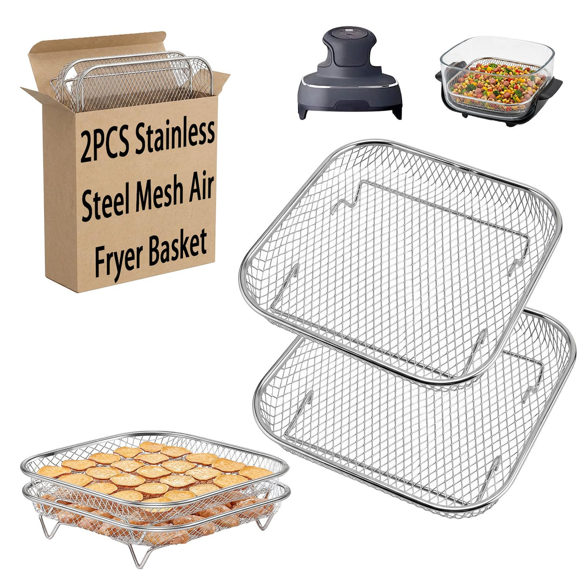 Buwesru 2Pcs for Ninja crispi pro Accessories, for Ninja crispi Stainless Steel Tray FN101 Accessories, 304 Food Grade Fine Mesh Grill Basket, Stackable Double Layer Air Fryer Wire Tray for Baking