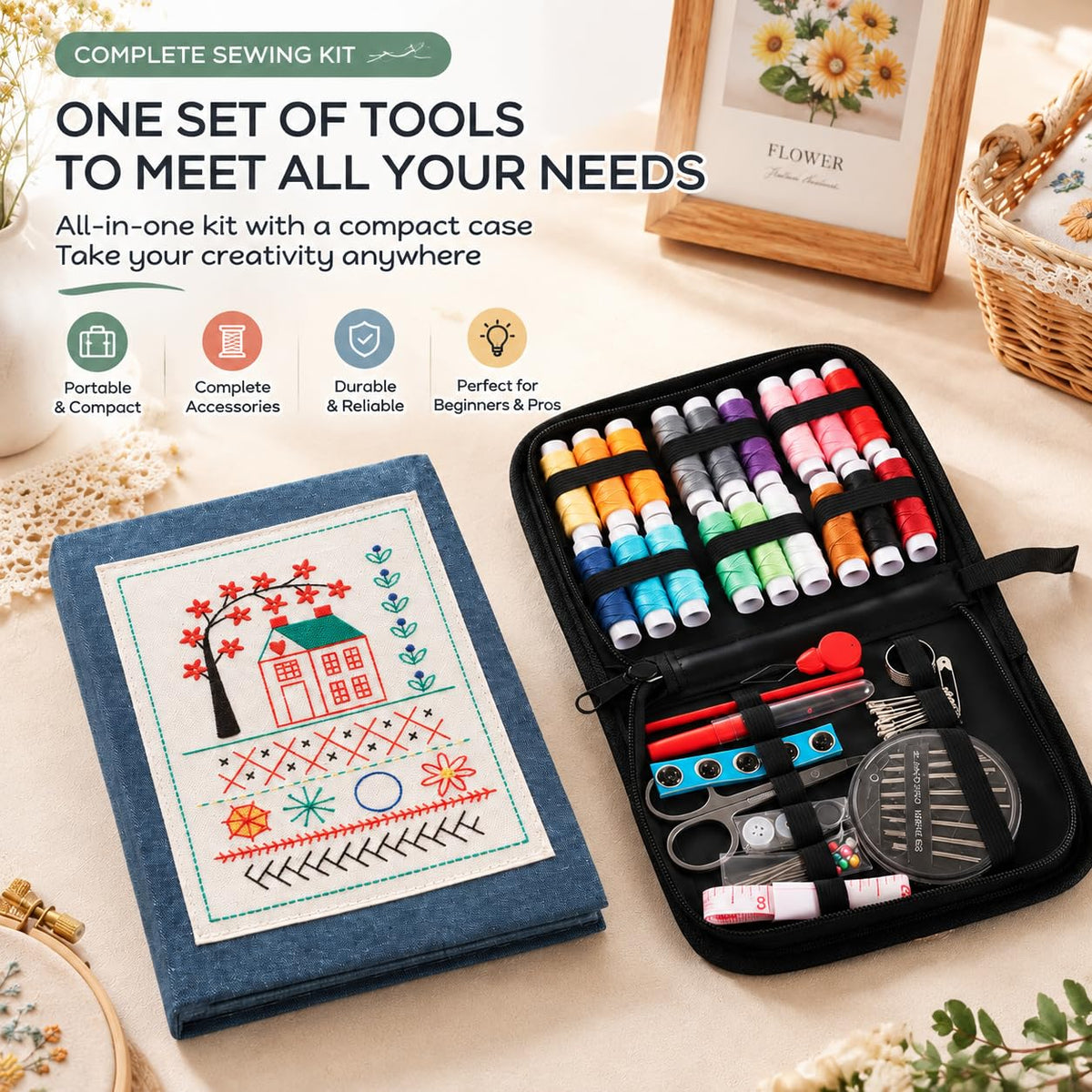 Embroidery Stitch Book Kit for Adults & DIY Craft Enthusiasts, Portable Embroidery Kit for Beginners, Includes Guide to 106 Patterns with Tools & Tutorials and 86-Piece Sewing Tool Set