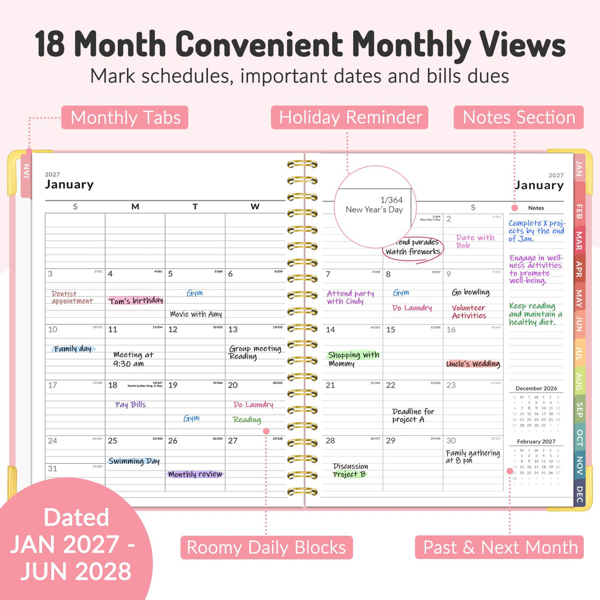 Forvencer Planner 2027-2028, 18 Month Calendar Planner, Jan 2027-June 2028 | 8.5"x11", Weekly and Monthly, Daily Agenda Book with Tab, Spiral Journal Organizer for Office Home Teacher School, A4, Pink