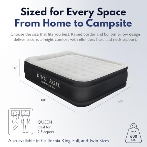 King Koil Air Mattress Queen with Built-in Pump, 20” Raised Airbed | Luxury blow up mattress for guests & home • Inflates in 2 minutes • 650 lb capacity • Patented high-speed pump