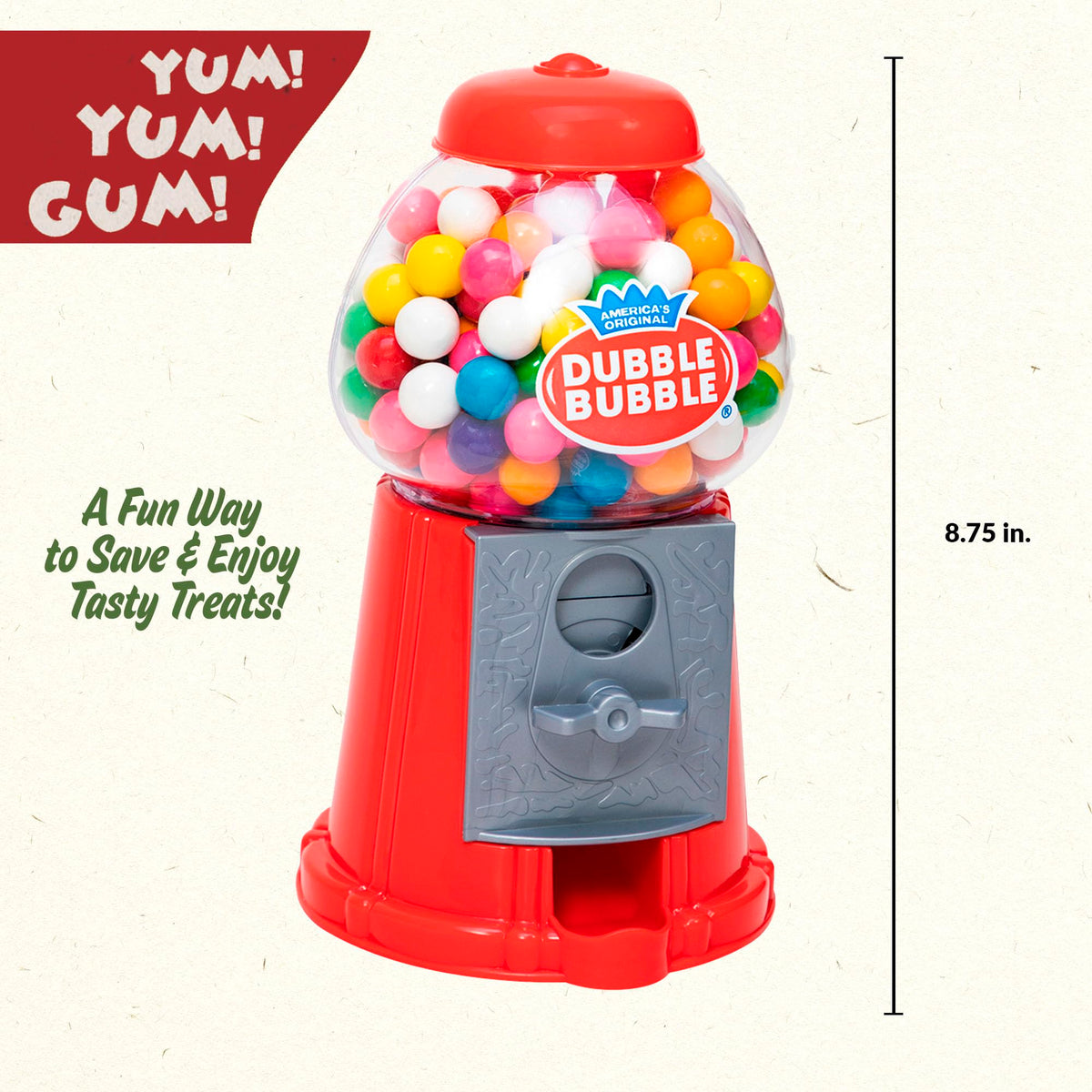 Schylling Brand Classic Retro Gumball Coin Bank - 8.5" Tall - Includes 45 Dubble Bubble Gumballs - Ages 3+
