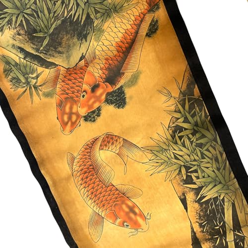 CIFIBIFUN Wall Scroll Hanging Painting Decor Japanese Art Koi Fish Fengshui | 4Panels,Ancient Japan Paintings Replica ,Asia Traditional Art, Attract Wealth, Four Season Flower