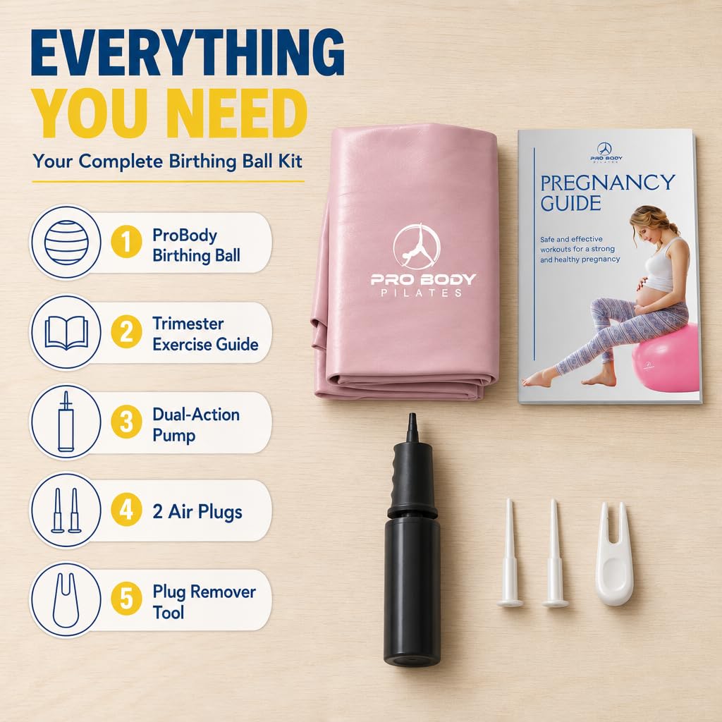 ProBody Pilates Pregnancy Ball with Guide - Birthing Ball | 1.7mm Anti-Burst PVC, CA 10P Certified, 55/65/75 cm, Guide, Doula & Midwife Use, Pump, Pregnancy Essentials