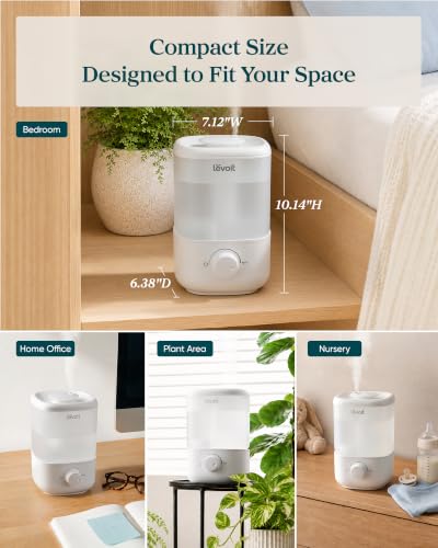 Levoit Top Fill Humidifiers for Bedroom, 2.5L Tank for Large Room, 25dB | Easy to Fill & Clean, Quiet Cool Mist Air Humidifier for Home Baby Nursery & Plants, Auto Shut-off for Safety, 25H Lasting