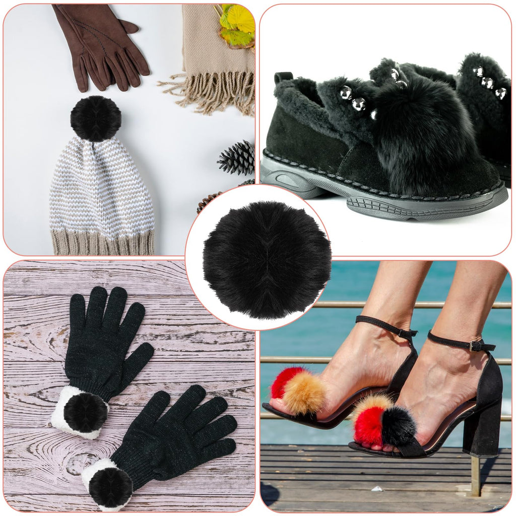 Mozeat Lens 6 Pcs Black Pom Poms Faux Fur Pom Pom Fluffy Pom Pom Balls, Round Fluffy Pompoms for Crafts with Tiny Cord for Hat Shoes Garment Hair Pins Earrings Necklace Charm Wedding Accessories