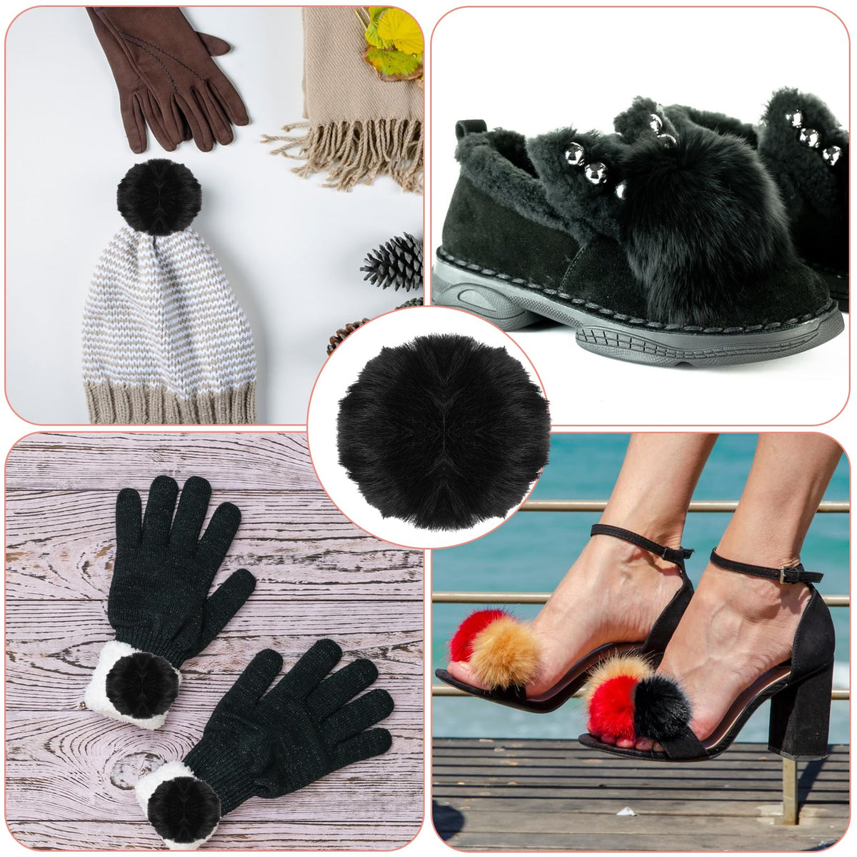 Mozeat Lens 6 Pcs Black Pom Poms Faux Fur Pom Pom Fluffy Pom Pom Balls, Round Fluffy Pompoms for Crafts with Tiny Cord for Hat Shoes Garment Hair Pins Earrings Necklace Charm Wedding Accessories