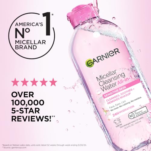 Garnier Micellar Water, Hydrating Facial Cleanser & Makeup Remover, Suitable for Sensitive Skin, Vegan, Cruelty Free, 13.5 Fl Oz (400mL), 1 Count