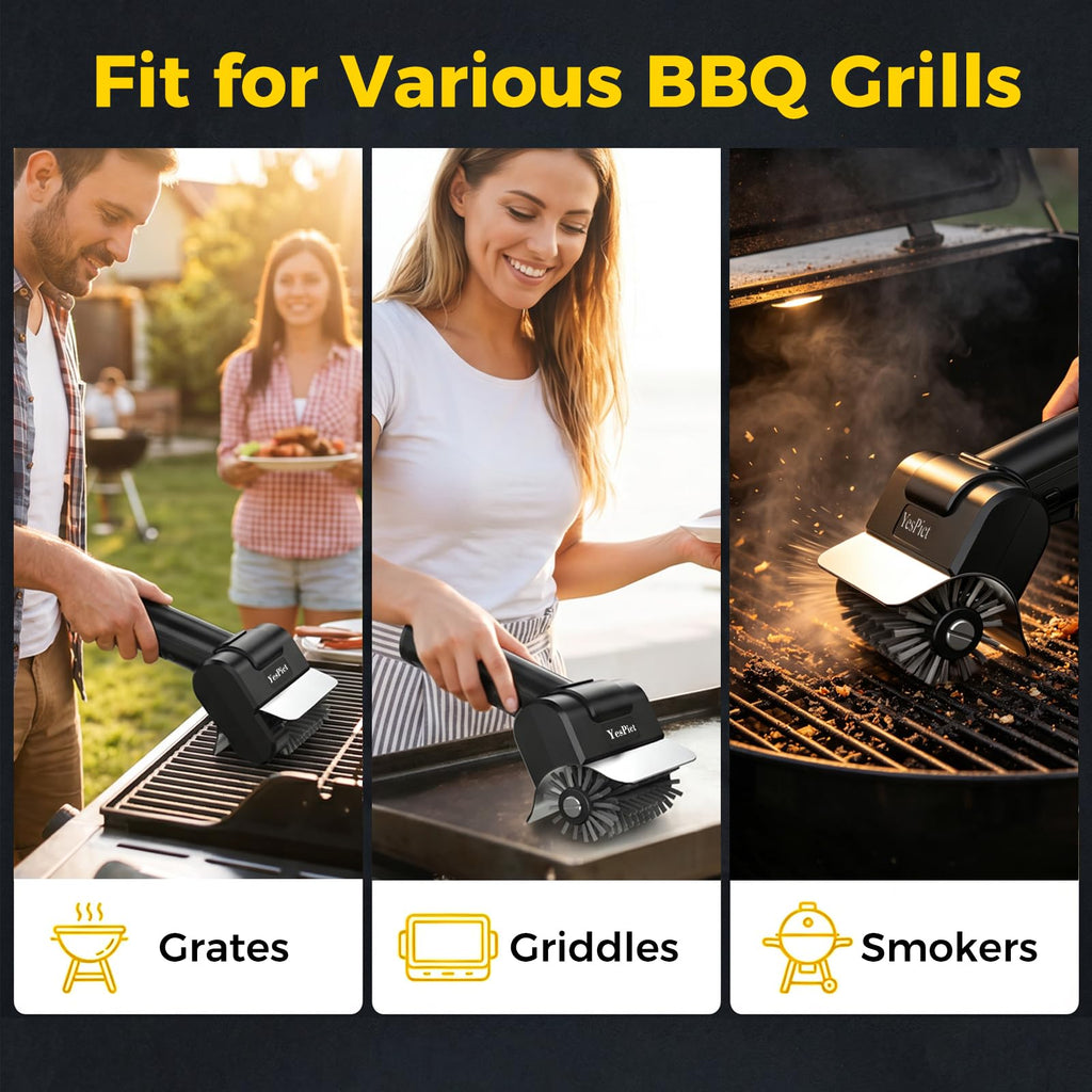 Electric Grill Brush, Cordless Rechargeable Grill Cleaner, BBQ Grill Brush | 1100RPM Cleaning Power, Max 180-Min Runtime, Replaceable Stainless Steel Head, Backyard BBQs, Park Picnics, Tailgates