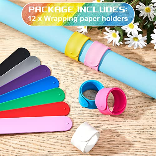 Leyndo 12 Pcs Wrapping Paper Roll Holder Bands Silicone Snap,Multi Colors | Metal Strips Flip with Silicone Snap Bands Covered, 1 x 9 In, for Gift Wrapping Paper, Vinyl Roll, Poster, Reusable Organizer
