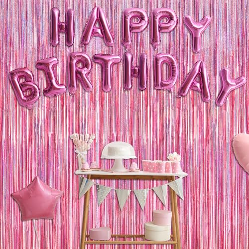 2 Pack Glitter Pink Backdrop, 3.28 FT x 7.05 FT Birthday Party Decorations, Laser Pink Fringe Curtains Foil Streamer Tinsel, Pink Curtains Photo Backdrop Happy Birthday Valentines Day Backdrop