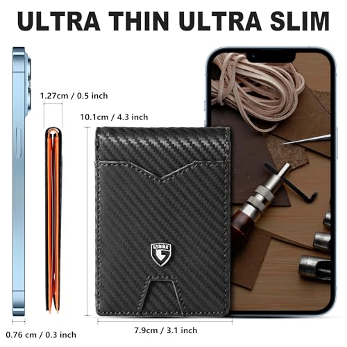 GSOIAX Slim Wallet for Men Rfid Blocking Leather Bifold Front Pocket Carbon Fiber Men's Money Clips Credit Card Holder With Gift Box