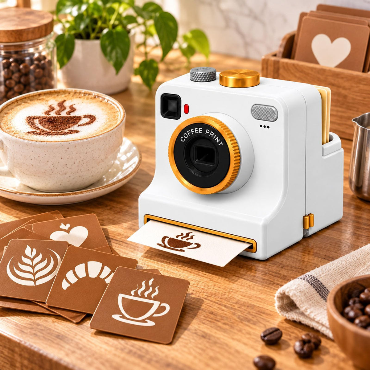Manual Coffee Art Printer, Retro Camera-Style Latte Stencil Maker with 4/34 Random Pattern Cards, One-Press Powder Reusable Coffee Art Tool for Cappuccino, Foam Drinks，White：34 Random Stencils