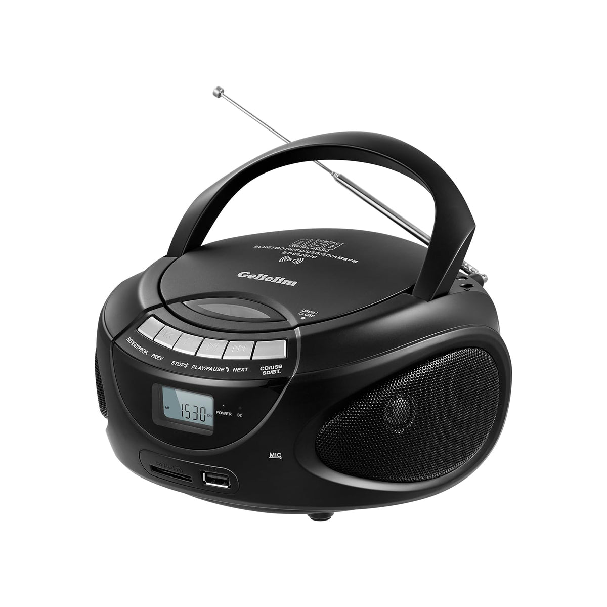Gelielim Portable CD Players for Home, CD Boombox with AM/FM Stereo Radio, Bluetooth, USB, SD Card, MMC Drive, Aux-in, Headphone Jack,LCD Display, Boom Box CD Player AC/Battery Operated – Black